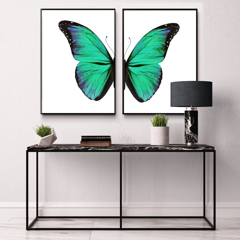 Set Of 2 Green Blue Butterfly Prints Multi Panel Art Work Wall Art Butterfly Art Large Wall Art Poster Print Girl Bedroom Art