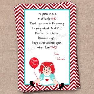 Raggedy Ann Gracias Tarjeta - Raggedy Ann - Fiesta Gracias Tarjetas - DIY Imprimible - Tarjetas de Gracias Imprimibles - Tarjetas de Gracias
