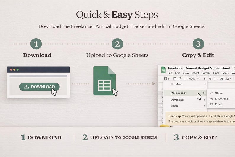 May include: Infographic illustrating steps to download and edit a budget tracker. The steps are: download, upload to Google Sheets, and copy & edit. The first step shows a download button. The text reads "Quick & Easy Steps".