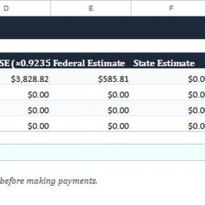 May include: A spreadsheet labelled "Quarterly Tax Estimator" displaying financial data across four quarters. Columns include income, estimates, and due dates. The total estimate for Q1 is &pound;585.81, due on 15/04/2026. The text "Estimates only" is also visible.