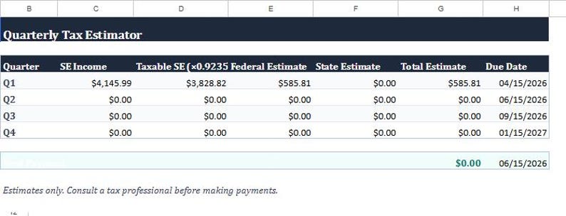 May include: A spreadsheet labelled "Quarterly Tax Estimator" displaying financial data across four quarters. Columns include income, estimates, and due dates. The total estimate for Q1 is &pound;585.81, due on 15/04/2026. The text "Estimates only" is also visible.