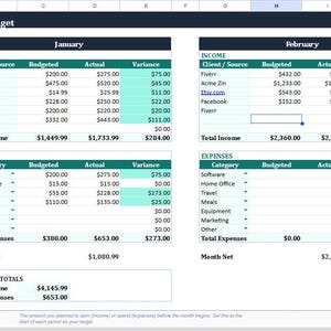 May include: A spreadsheet labelled "Q1 Budget" shows financial data for January and February. It includes income and expense categories, with figures for budgeted, actual, and variance amounts. The data is organised in a table format.