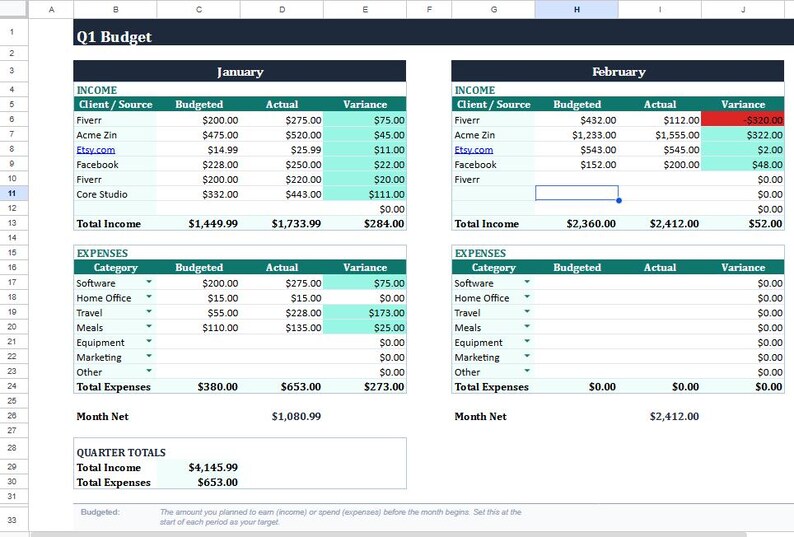 May include: A spreadsheet labelled "Q1 Budget" shows financial data for January and February. It includes income and expense categories, with figures for budgeted, actual, and variance amounts. The data is organised in a table format.