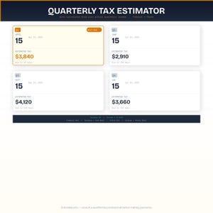 May include: A digital display showing a quarterly tax estimator. The display shows four boxes with dates, tax amounts, and due dates. The text "QUARTERLY TAX ESTIMATOR" is at the top. The display is on a white background.