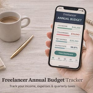 May include: A smartphone screen displays a "Freelancer Annual Budget" app, showing financial data. A coffee cup, a gold pen, and a notebook are on the table. The text at the bottom reads "Freelancer Annual Budget Tracker. Track your income, expenses & quarterly taxes."
