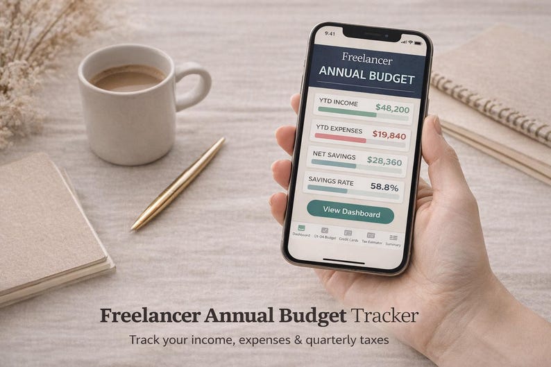 May include: A smartphone screen displays a "Freelancer Annual Budget" app, showing financial data. A coffee cup, a gold pen, and a notebook are on the table. The text at the bottom reads "Freelancer Annual Budget Tracker. Track your income, expenses & quarterly taxes."