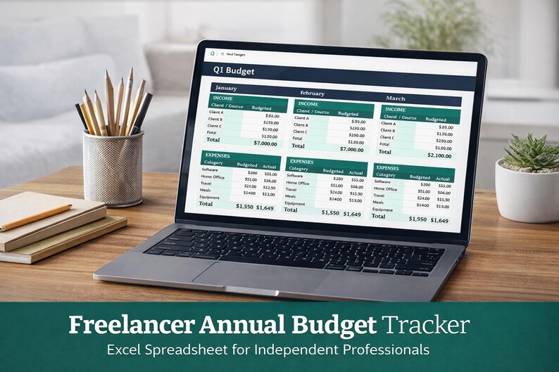 May include: A laptop showing a budget spreadsheet, with pencils in a metal cup and a small potted plant on a wooden desk. The screen displays a financial tracker for freelancers. Text at the bottom reads "Freelancer Annual Budget Tracker".