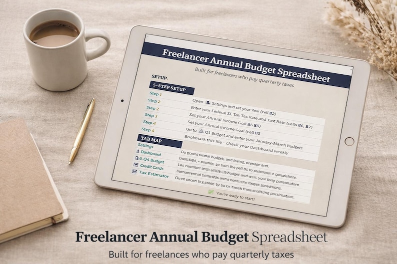 May include: A digital tablet shows a "Freelancer Annual Budget Spreadsheet" with setup instructions and a tab map. A gold pen, a coffee mug, and a notebook are next to the tablet on a neutral-toned surface. The spreadsheet is designed for freelancers.