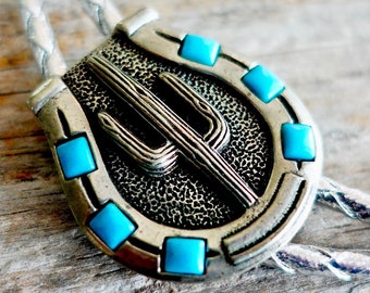 Cactus Horseshoe Bolo Tie / Retro Silver Southwest Glam