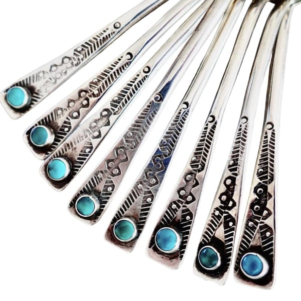 Vintage 1930s Navajo Turquoise Sterling Silver Spoons Set of 8 Native Southwestern