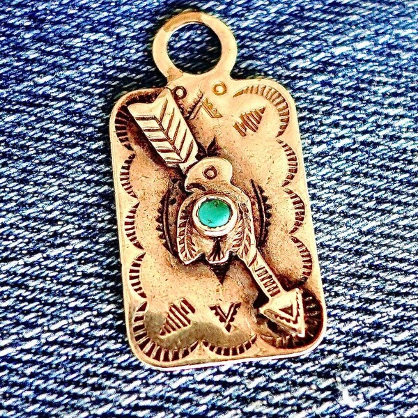 Thunderbird & Turquoise Dog Tag Pendant / Vintage Fred Harvey / Sterling Silver