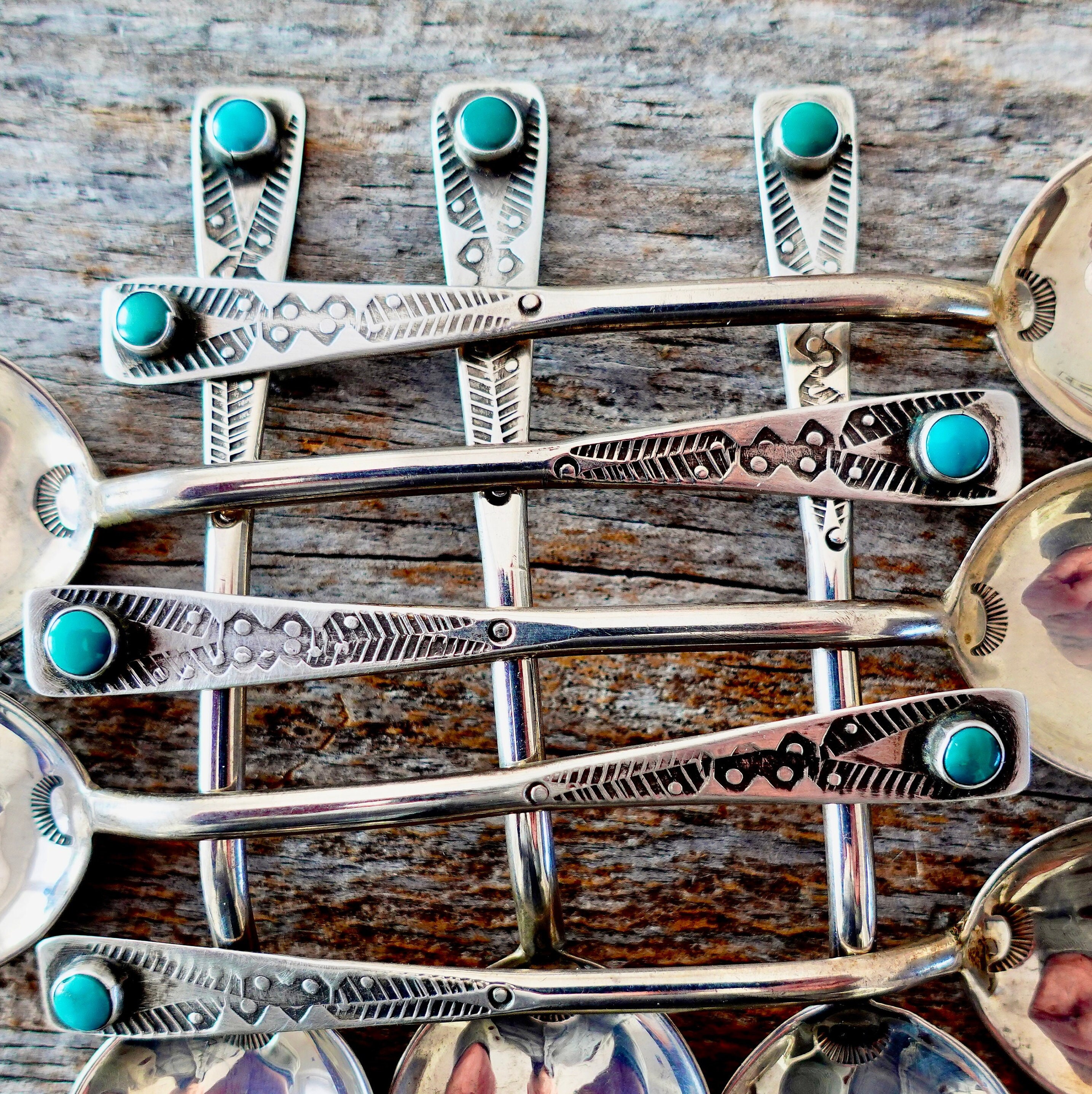 Navajo Spoons Set Turquoise & Sterling Silver - 8 Spoons Vintage
