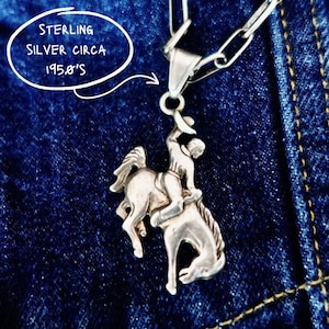 Cowboy Necklace on Navajo Link Paperclip Chain / Vintage Bucking Bronco Sterling Silver