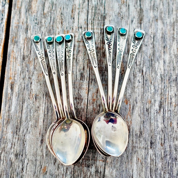 Navajo Spoons Set Turquoise & Sterling Silver - 8 Spoons Vintage
