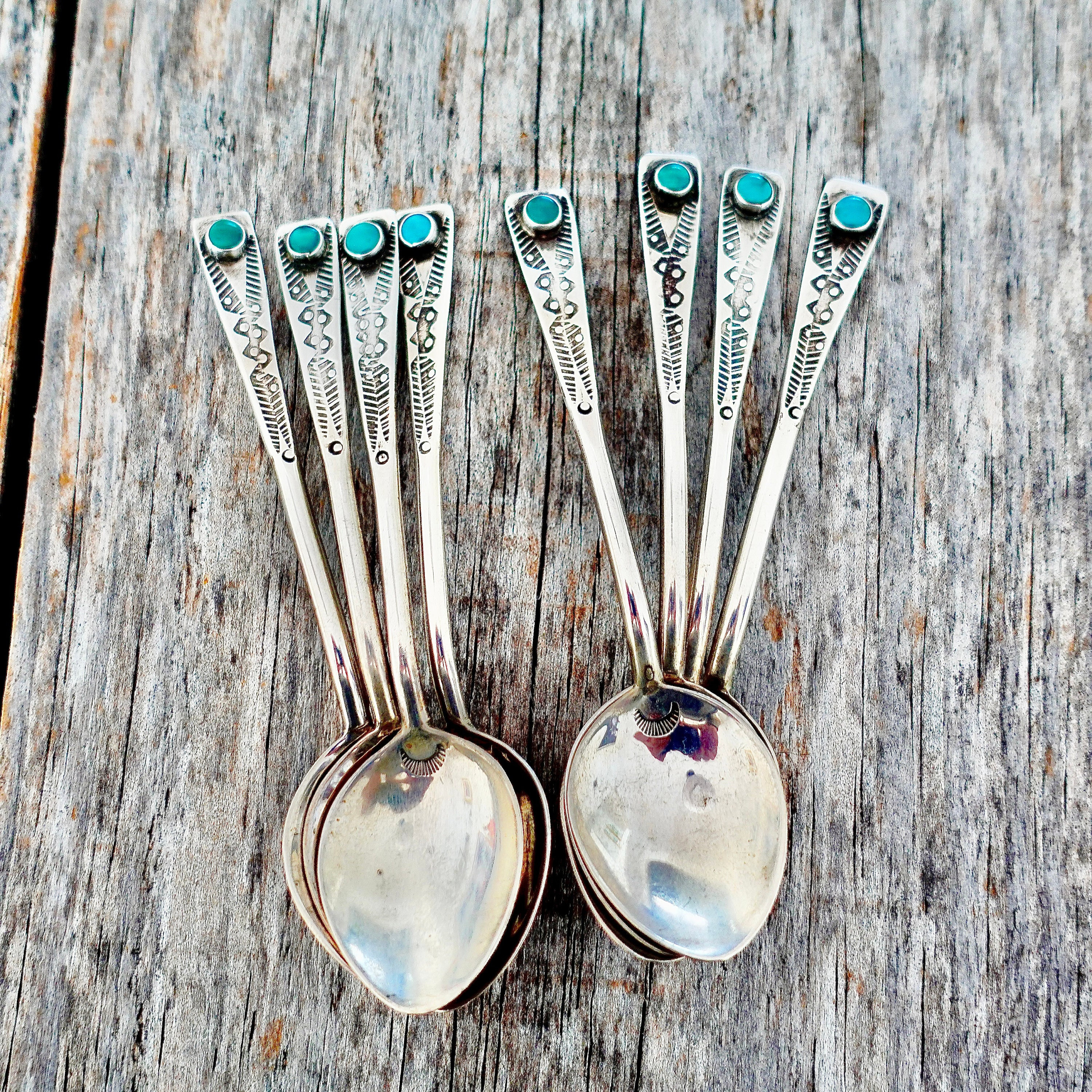 Navajo Spoons Set Turquoise & Sterling Silver - 8 Spoons Vintage