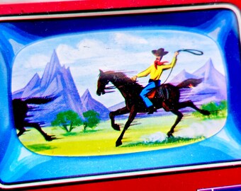 Cowboy Coin Bank TV Western with Key - Tin Litho Schopper 1950's WORKS