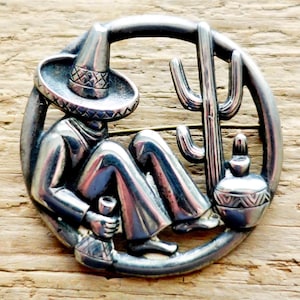 Vintage Southwest Siesta Pin / 1950&#39;s Sterling Silver Repousse