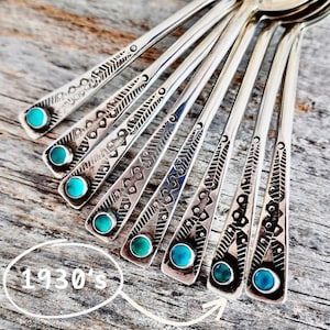 Navajo Spoons Set of 8 / Turquoise & Sterling Silver / Vintage Pawn
