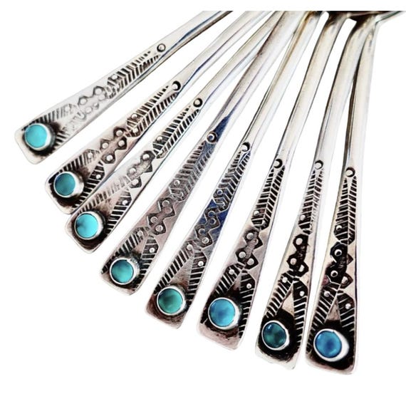 Navajo Spoons Set Turquoise & Sterling Silver - 8 Spoons Vintage