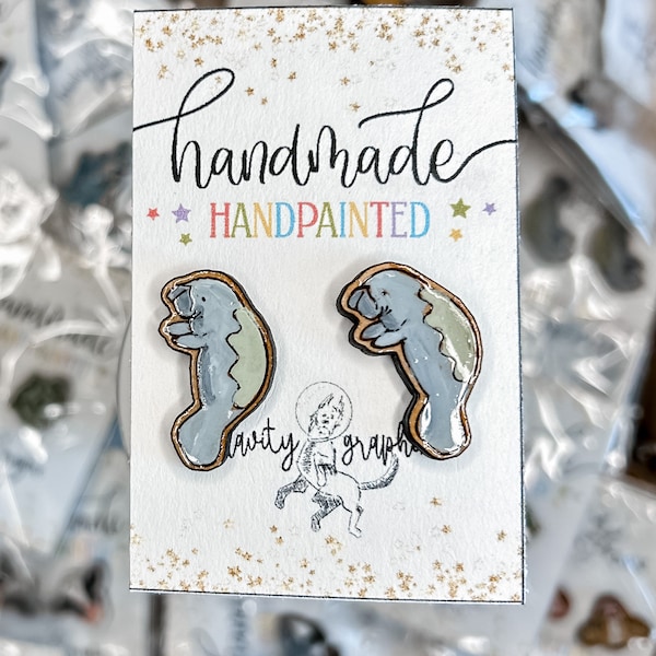 Hand Painted Manatee studded earrings handmade made wearable art