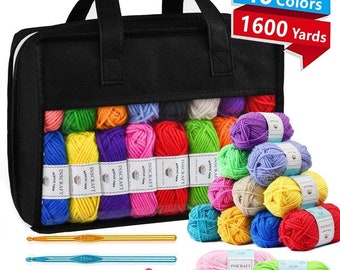 May include: A black tote bag filled with colourful yarn skeins, crochet hooks, and needles. The bag has a clear window showing the yarn. The image includes text indicating 40 colours and 1600 yards of yarn.