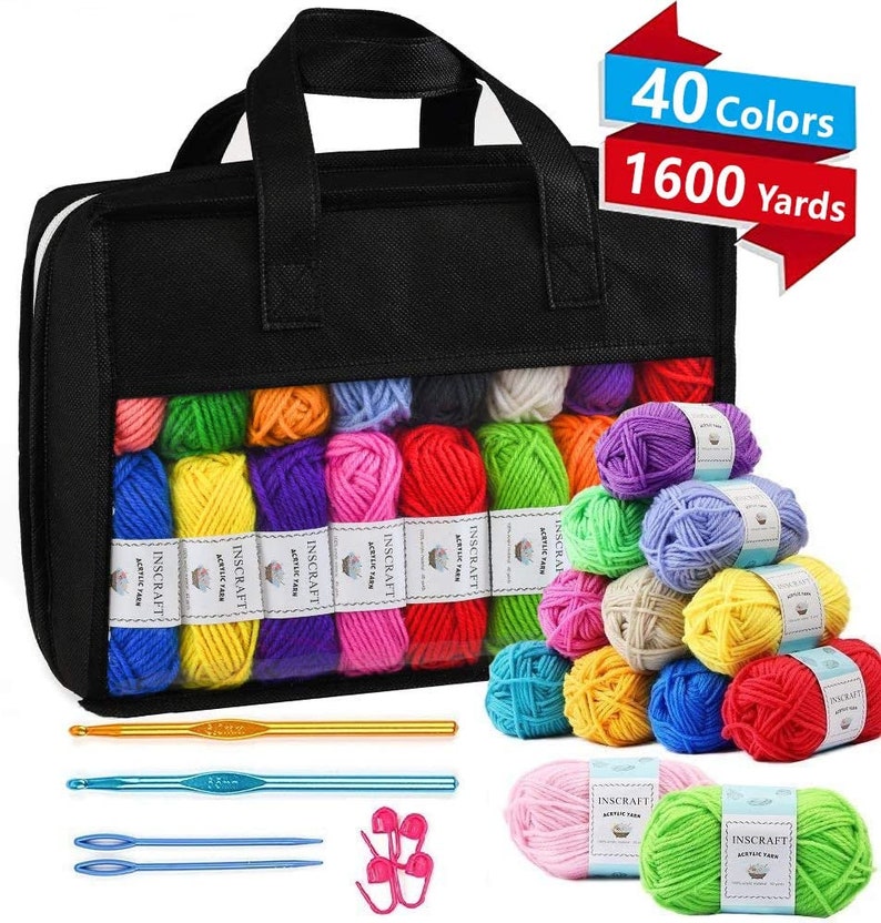 NEW Best Price 40 Acrylic Yarn Skeins, 1600 Yards Crochet Yarn with Reusable Storage Bag Includes 6 E-Books, 2 Crochet Hooks and more image 1