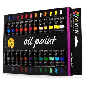 May include: A set of 24 oil paints in tubes, arranged in two rows of 12. The tubes are labeled with the color name and the brand "coloré". The set includes a variety of colors, including black, white, red, yellow, blue, green, and brown. The set is packaged in a black box with the brand name and a tagline "brighten your life".