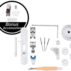 May include: A set of sewing machine accessories including a foot pedal, needles, bobbins, and a screwdriver. The accessories are laid out on a white surface. The image also includes a black circle with the text "Bonus Accessories".