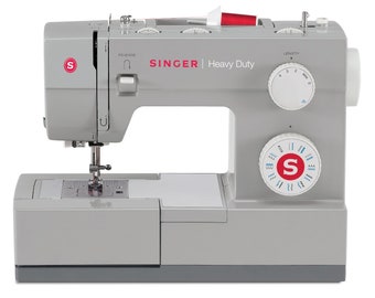 May include: A gray Singer Heavy Duty sewing machine with a white stitch selection dial and a white stitch length dial. The machine has a red "S" logo on the side.