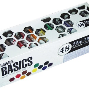 May include: A white box of Liquitex Basics acrylic color set with 48 tubes, each 22ml. The box has a honeycomb design and displays the tubes of various colors. The text "BASICS" and "ACRYLIC COLOR SET" are visible.