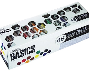 May include: A white box of Liquitex Basics acrylic color set with 48 tubes, each 22ml. The box has a honeycomb design and displays the tubes of various colors. The text "BASICS" and "ACRYLIC COLOR SET" are visible.