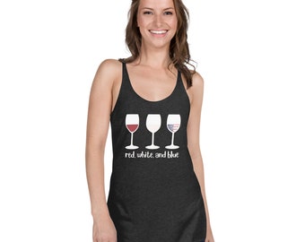 Camiseta regata azul e vinho tinto | Camiseta feminina divertida para o 4 de julho | Regata patriótica para amantes de vinho | Presente dos EUA para ela