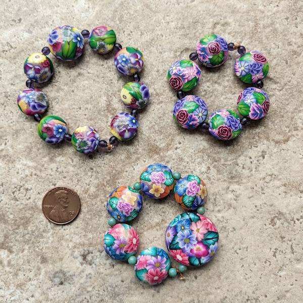 Floral Polymer Clay Bead Sets- Artisan handcrafted- Art beads from Etsy artisans- Fimo clay flower beads- Destash Millefiore beads