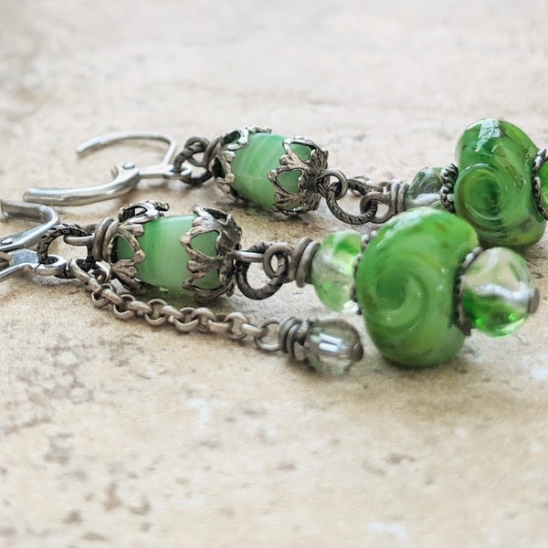 Lime Twist Earrings- gorgeous green vintage glass- handcrafted lampworked beads- one of a kind- art bead jewelry- colorful beaded earrings