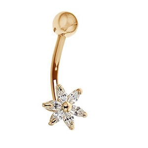 14k Yellow Gold Belly Button Cubic Zirconia 6 Petals Flower Navel Ring