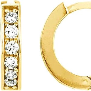 Small gold hoop earrings Real 10tk Gold Huggies Hoops clear CZ stones 15mm Channel Set 0.59 inch men hoop earrings women gold hoop earrings