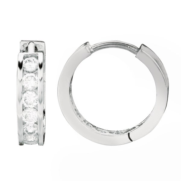 Sterling Silver Channel-set Cubic Zirconia CZ Huggie Hoop Earrings 11mm, 13mm, 14.5mm