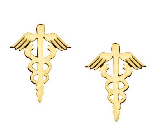 14k Yellow Gold Caduceus Mercury Hermes Mini Stud Earrings - Etsy