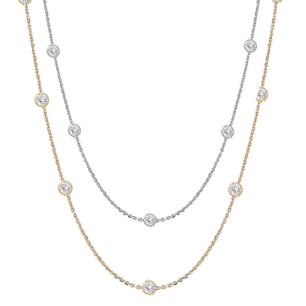 Sterling Silver or Gold Tone Cubic Zirconia CZ By the Yard Station Necklace (18, 20, 24, 30 Inches)