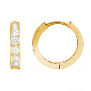 14K Solid Yellow or White Gold  Huggie Hoop 2x14mm Cubic Zirconia Channel Set Earrings