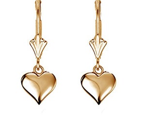 10K Real Yellow Gold Heart Lever Back Earrings