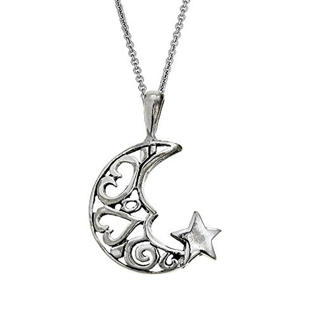 Sterling Silver Crescent Moon and Star Charm Pendant Necklace - Etsy