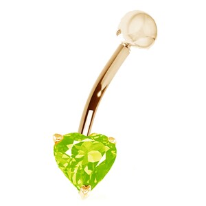 14k Solid Gold Genuine Peridot Heart Belly Button Navel Ring Body Art (Yellow or White)