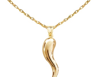 14k Real Yellow Gold Italian Horn Charm. Small Pendant 0r Necklace (Pendant Only, 18" Necklace)