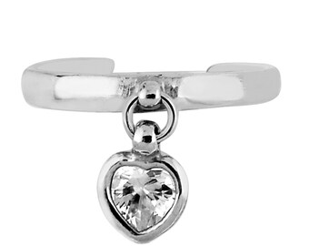 Sterling Silver Dangle Heart Cubic Zirconia Adjustable Toe Ring Body Art