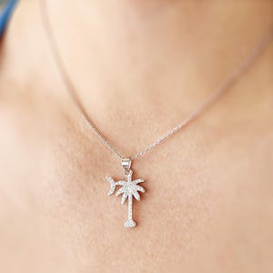 Cubic Zirconia Palmetto Tree Pendant: Sterling Silver SC State Necklace