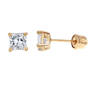 14k Gold Square Princess-cut Cubic Zirconia Screw Back Stud Earrings (Mini, Small, Regular)