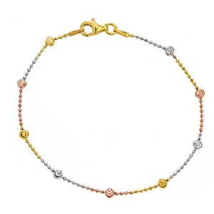 Sterling Silver Tri-Color Moon-Cut Round Station Bead Italian Bracelet Or Anklet 7&quot;