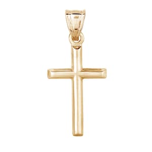 14K Gold Cross Pendant: Tubular Mini Charm, Yellow or White Gold