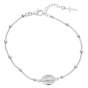 Sterling Silver Miraculous Medal Rosary Dangle Cross Station Bracelet Adjustable